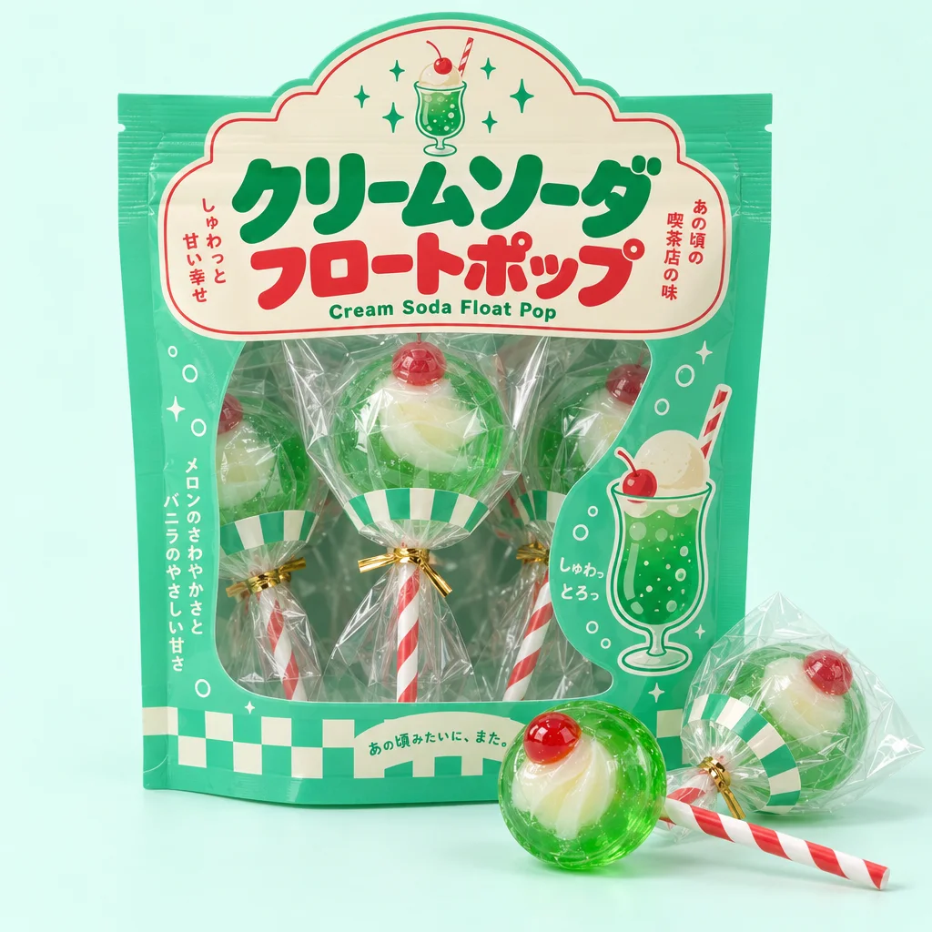 Cream Soda Float Pop (クリームソーダフロートポップ) — package with a few pieces of the candy in front