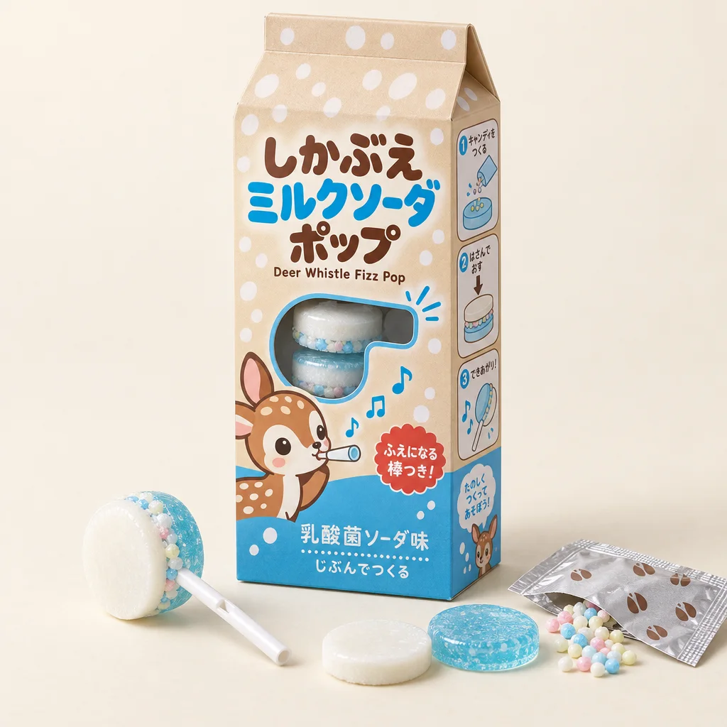 Deer Whistle Fizz Pop (しかぶえミルクソーダポップ) — package with a few pieces of the candy in front