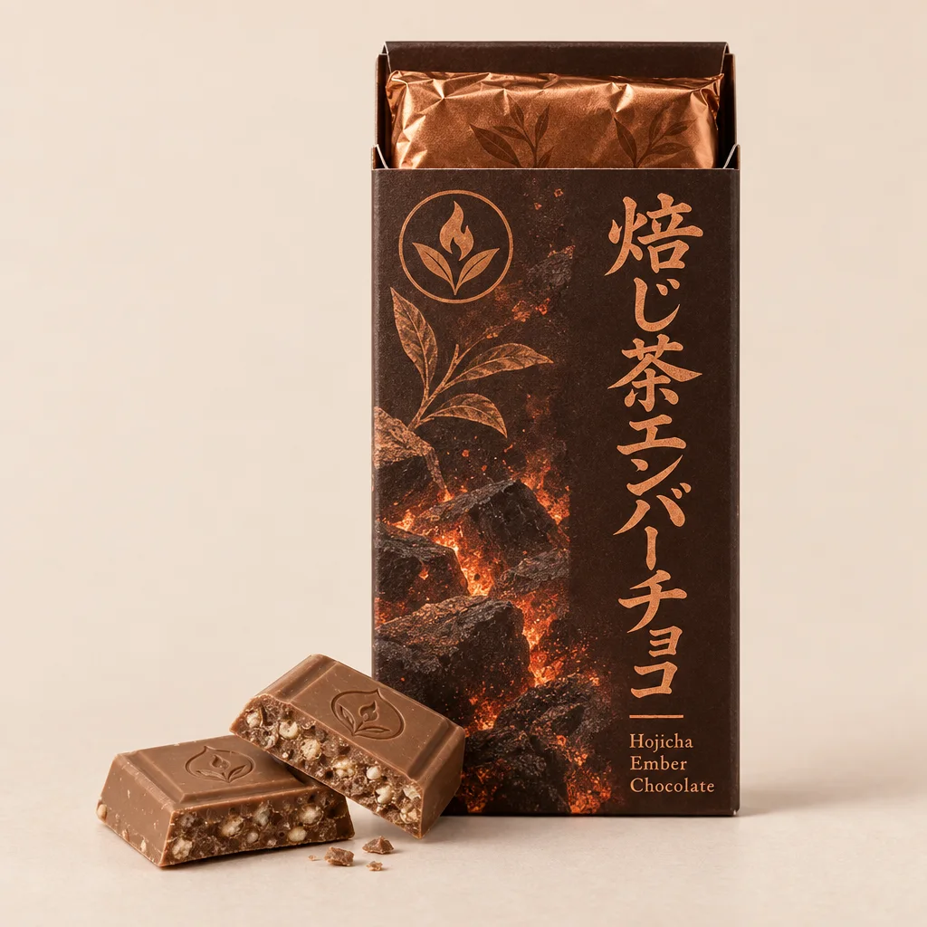 Hojicha Ember Chocolate (焙じ茶エンバーチョコ) — package with a few pieces of the candy in front