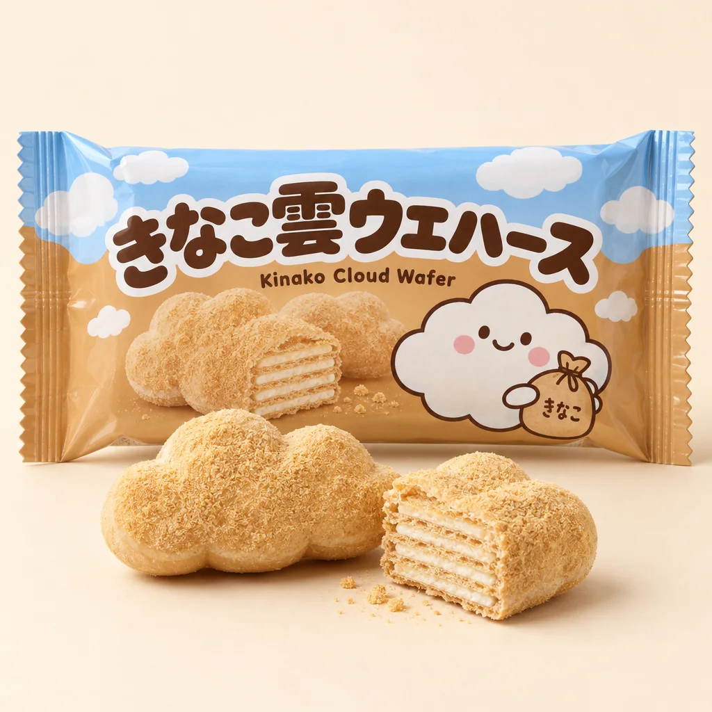 Kinako Cloud Wafer (きなこ雲ウエハース) — package with a few pieces of the candy in front
