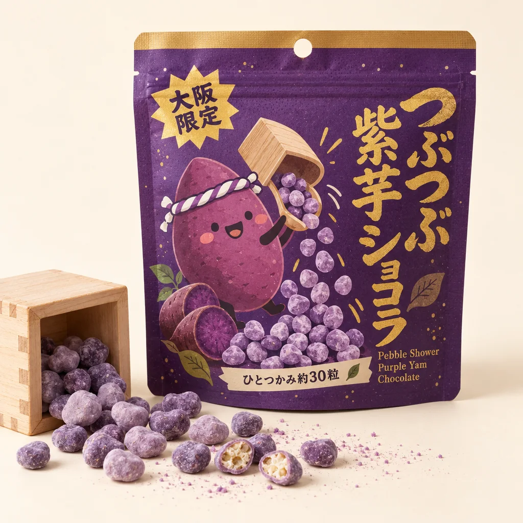 Pebble Shower Purple Yam Chocolate (つぶつぶ紫芋ショコラ) — package with a few pieces of the candy in front