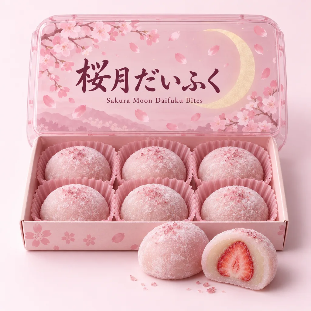 Sakura Moon Daifuku Bites (桜月だいふく) — package with a few pieces of the candy in front
