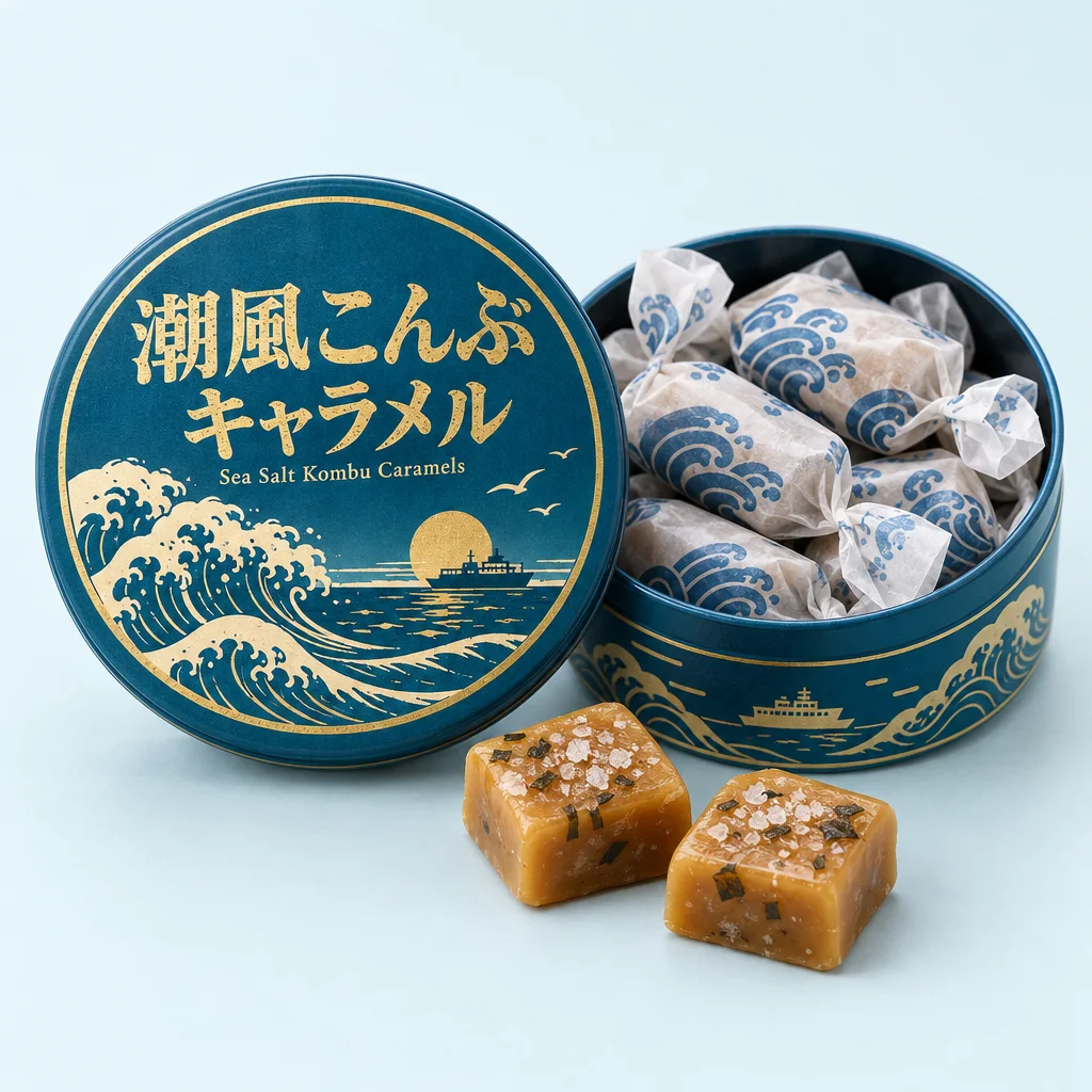 Sea Salt Kombu Caramels (潮風こんぶキャラメル) — package with a few pieces of the candy in front