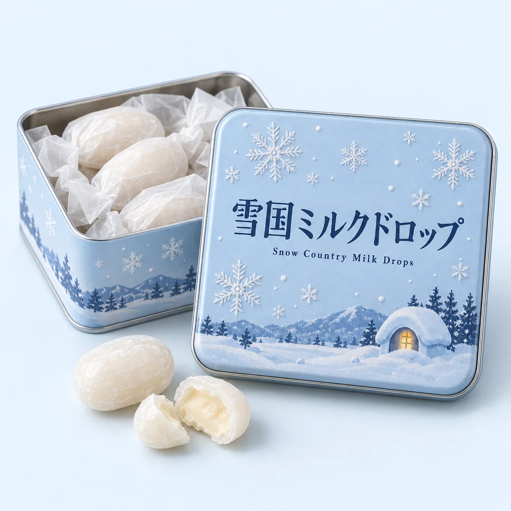 Snow Country Milk Drops (雪国ミルクドロップ) — package with a few pieces of the candy in front
