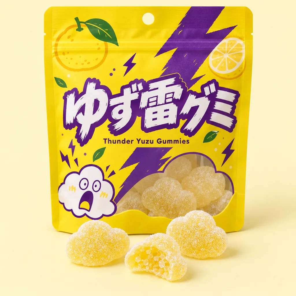 Thunder Yuzu Gummies (ゆず雷グミ) — package with a few pieces of the candy in front